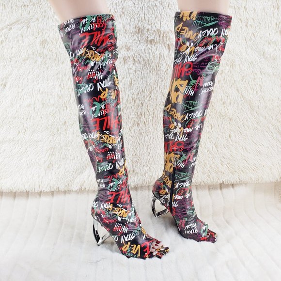 Zen Love Colorful Graffiti Print Over The Knee Boots With Wedge Heart heels - Picture 15 of 16
